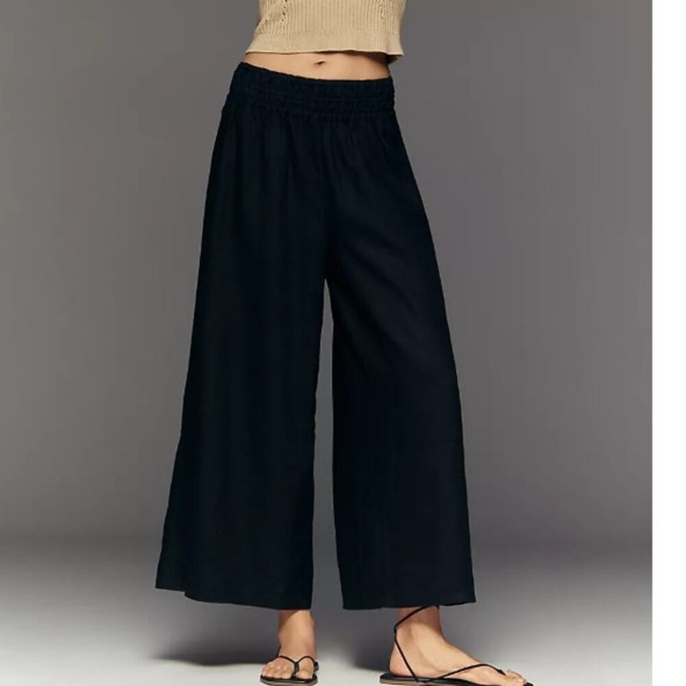 Anthropologie Somerset Linen Wide Leg Womens M Black Pull On Pants Cropped